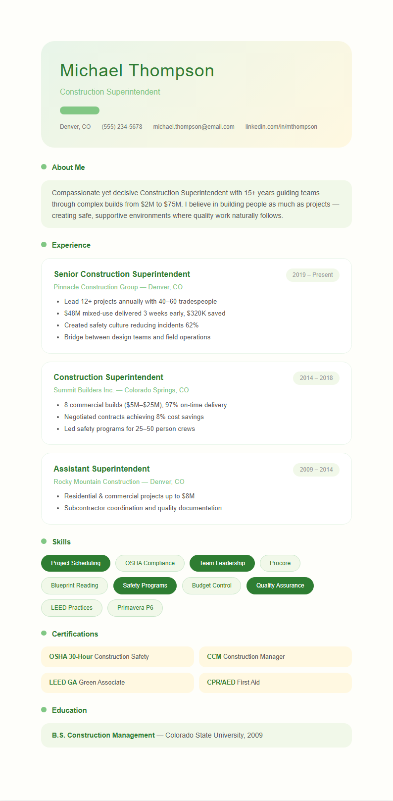 Soft organic construction superintendent resume